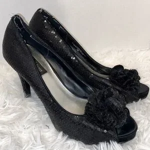 black sequin peep toe heels